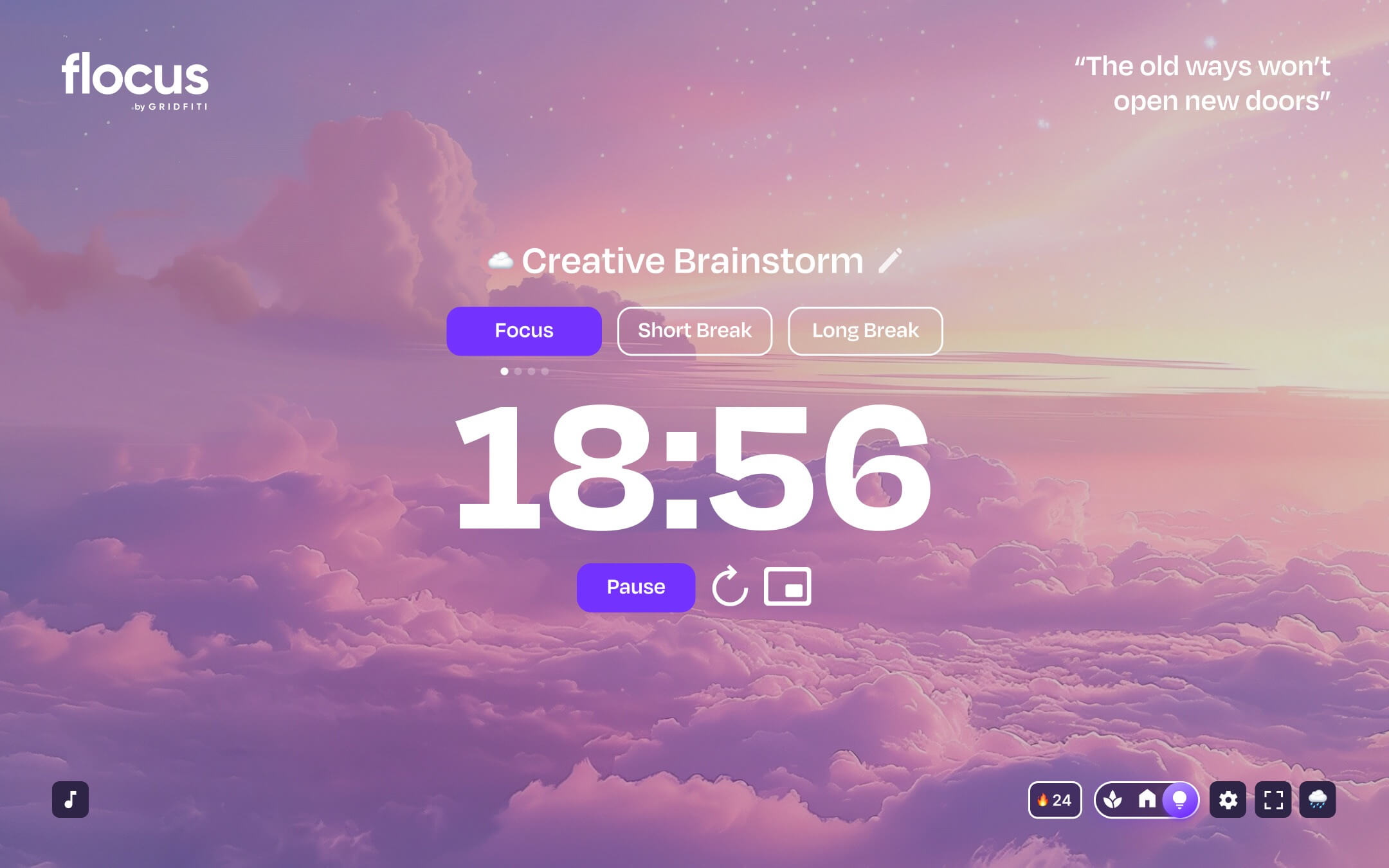 Flocus Dashboard Focus Mode. A timer with quote on a pink cloud background