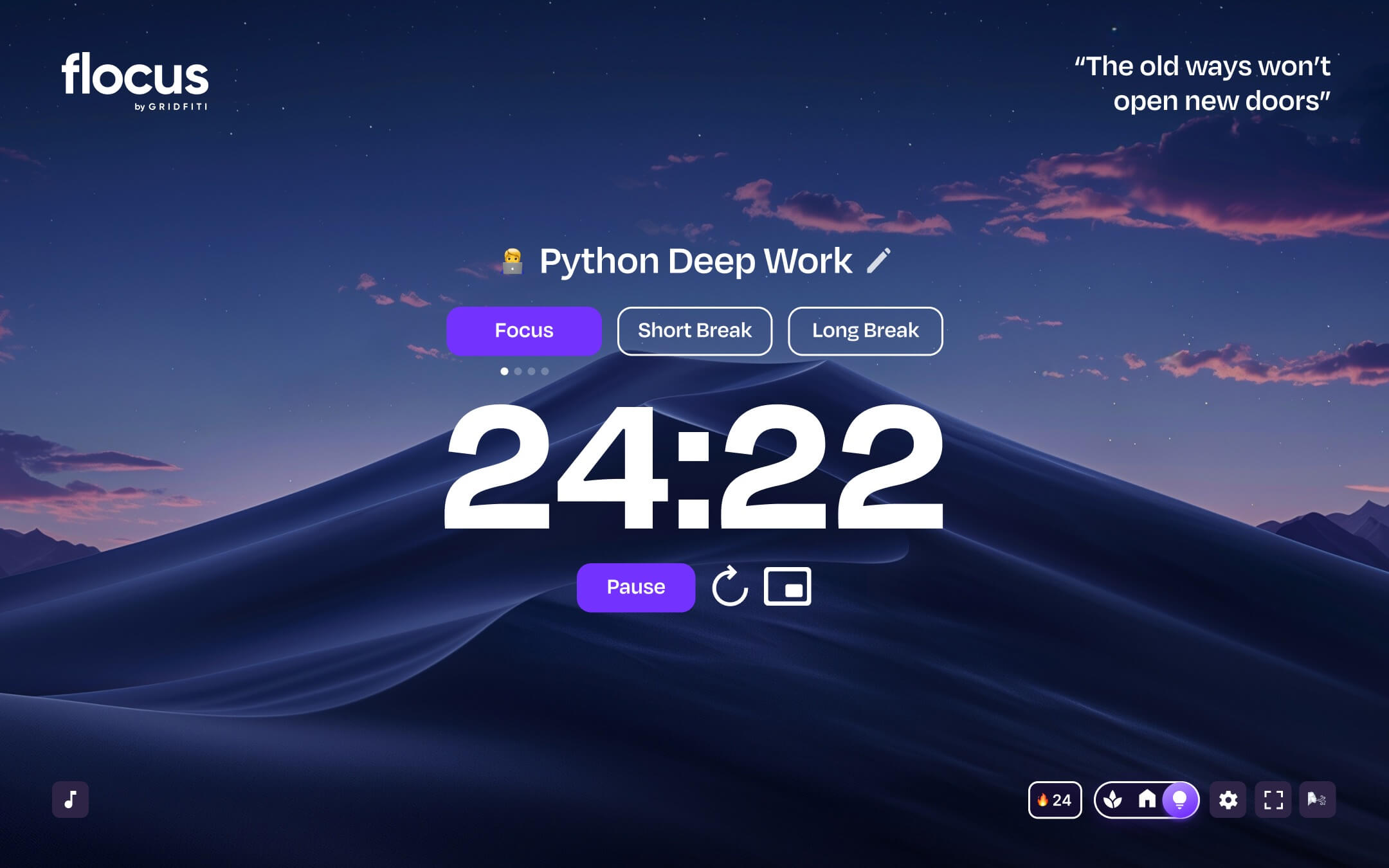 Flocus Dashboard in Focus Mode. A focus timer sits below a task list with a quote in the top right corner.