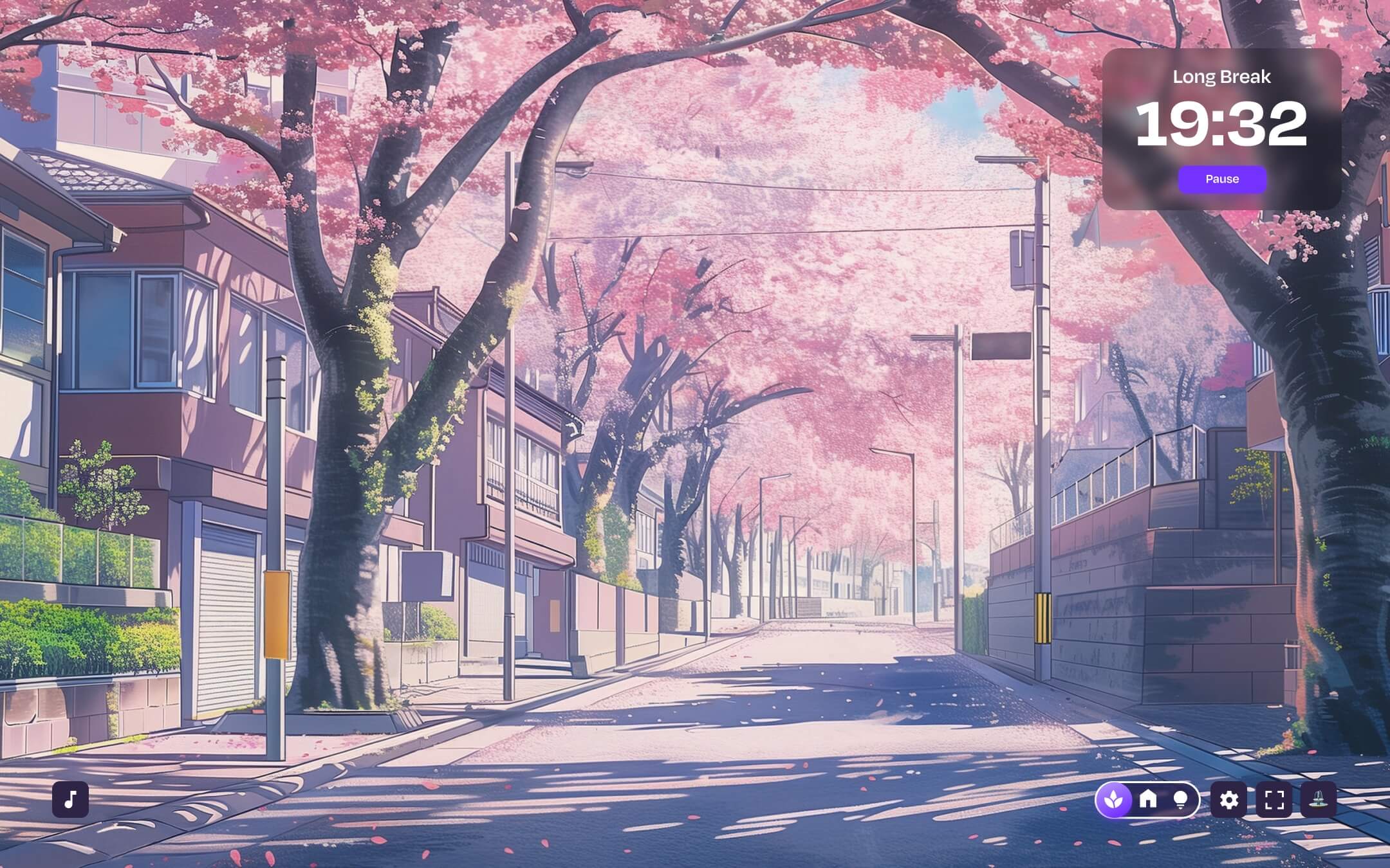 Flocus Dashboard in Ambient Mode. Pink tree-lined street background with a small timer in the top right corner